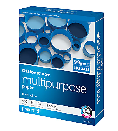 Office Depot Brand Multi Use Printer Copier Paper Letter Size 8 12 x 11  4000 Sheets Total 94 U.S. Brightness 20 Lb White 500 Sheets Per Ream Case  Of 8 Reams - Office Depot