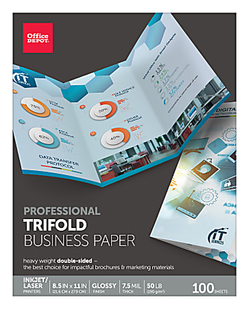 Office Depot® Brand Professional Trifold Business Paper, Letter Size (8 1/2" x 11"), 50 Lb, Glossy White, Pack Of 100 Sheets