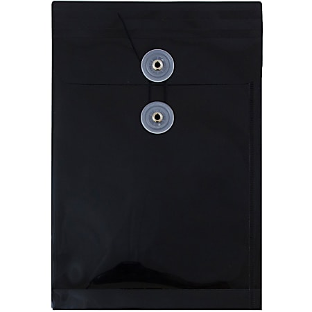 JAM Paper® Open-End Plastic Envelopes, 6 1/4" x 9 1/4", Button & String Closure, Black, Pack Of 12