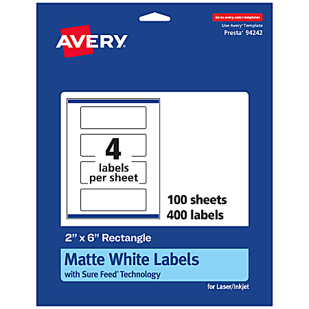 Avery® Permanent Labels With Sure Feed®, 94242-WMP100, Rectangle, 2" x 6", White, Pack Of 400
