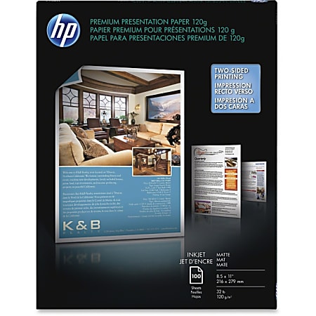HP Premium Presentation Paper - For Inkjet Print - Letter - 8.50" x 11" - 32 lb Basis Weight - Matte, Smooth - 100 Sheet - Bright White