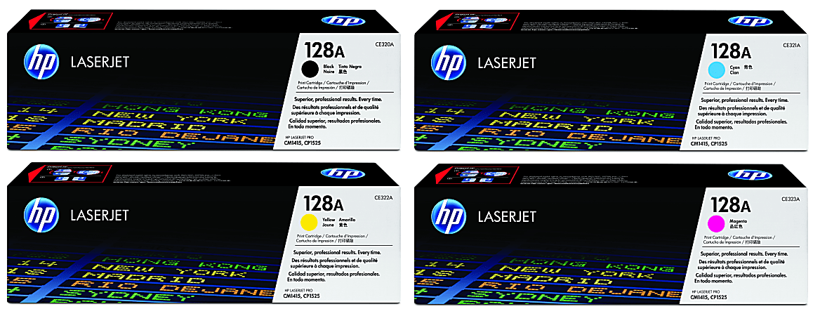 HP 128A Black And Cyan, Magenta, Yellow Toner Cartridges Combo, Pack Of 4, CE320A,CE321A,CE322A,CE323A