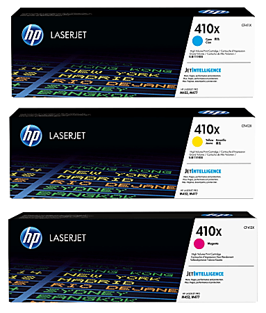 HP 410X High-Yield Cyan, Magenta, Yellow Toner Cartridges Combo, Pack Of 3, CF411X, CF412X, CF413X