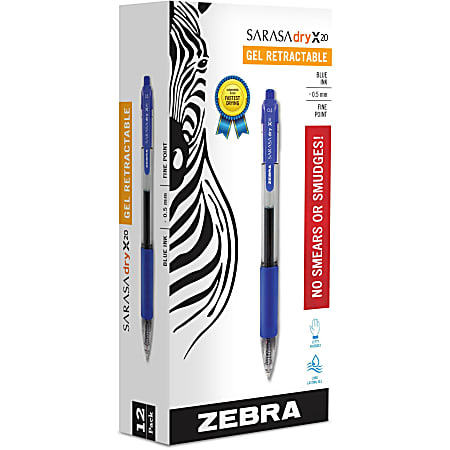 Zebra® Pen SARASA® X20 Retractable Gel Pens, Pack Of 12, Fine Point, 0.5 mm, Translucent Barrel, Blue Ink