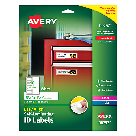 Avery® Easy Align™ Self-Laminating ID Labels, AVE00757, 1 1/16" x 3 1/2", White, Pack of 250