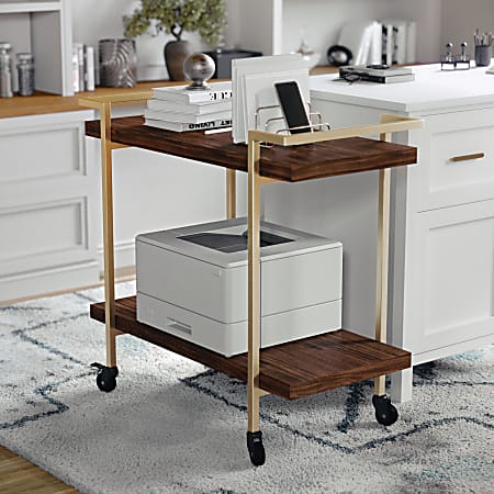 Martha Stewart Liam 2-Tier Office Storage And Printer Cart, Walnut/Polished Brass