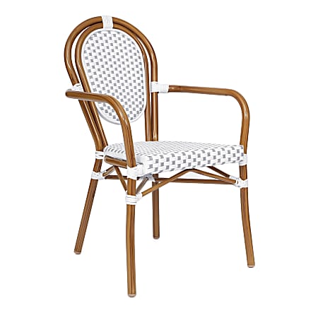 Flash Furniture Lourdes Indoor/Outdoor Commercial Thonet Bistro Stacking Chair with Arms, PE Rattan and Aluminum Frame, White & Gray/Natural Frame