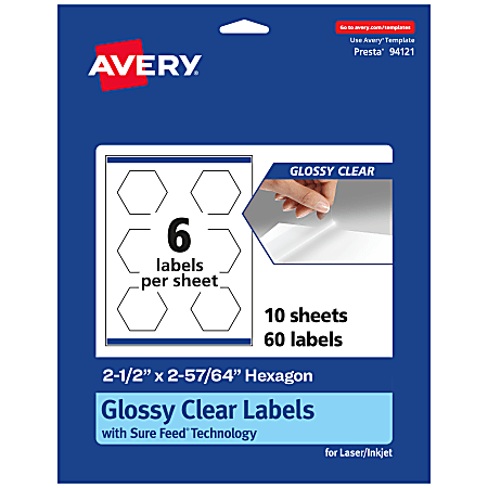 Avery® Glossy Permanent Labels With Sure Feed®, 94121-CGF10, Hexagon, 2-1/2" x 2-57/64", Clear, Pack Of 60