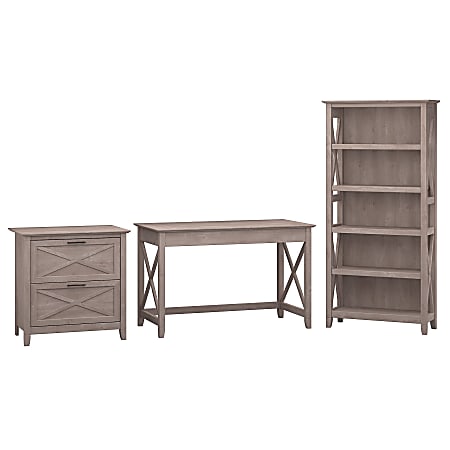 Bush Furniture Key West 48"W Writing Desk With 2 Drawer Lateral File Cabinet And 5 Shelf Bookcase, Washed Gray, Standard Delivery