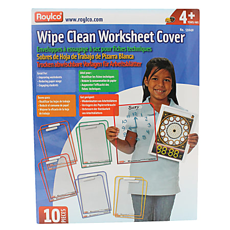 Roylco Wipe Clean Dry-Erase Worksheet Covers, 12 1/2" x 8 3/4", Clear/Assorted Colors, Pack Of 10