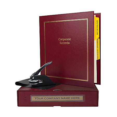Custom Not For Profit Corporate Kit, 1-1/2" Red Binder, 20 Blue Stock Certificates, 1-5/8" Corporate Seal Embosser