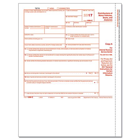 ComplyRight 1098-C Inkjet/Laser Tax Forms For 2017, Federal Copy A, 8 1/2" x 11", Pack Of 50