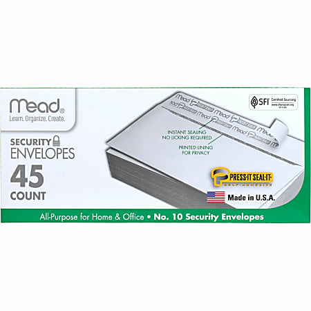 Mead Press-it Seal-it No. 10 Security Envelopes - Security - #10 - 4 1/8" Width x 9 1/2" Length - Peel & Seal - 45 / Box - White