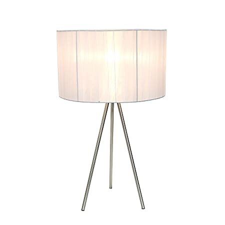 Simple Designs Tripod Table Lamp with Pleated Silk Sheer Shade, 19.69"H, Brushed Nickel/White