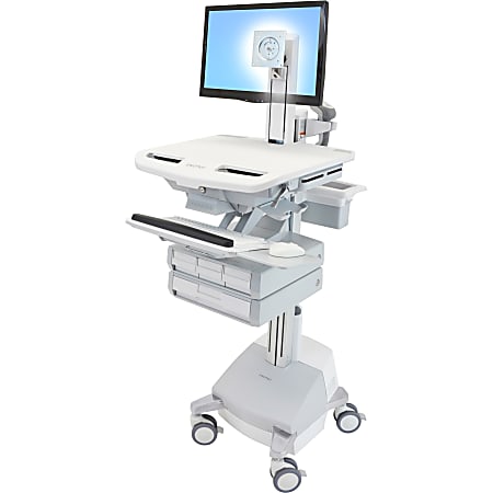 Ergotron StyleView Cart with LCD Pivot, SLA Powered, 4 Drawers - 4 Drawer - 38 lb Capacity - 4 Casters - Aluminum, Plastic, Zinc Plated Steel - White, Gray, Polished Aluminum