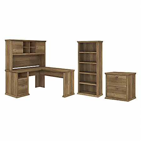 Bush Business Furniture Yorktown 60"W L-Shaped Corner Desk With Hutch, Lateral File Cabinet And 5-Shelf Bookcase, Reclaimed Pine, Standard Delivery
