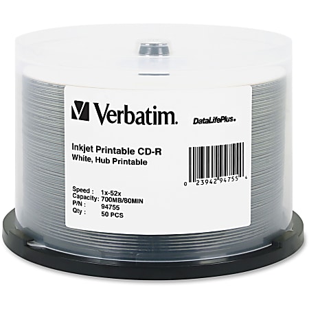 Verbatim DataLifePlus 700MB 52x Printable CD-R Discs, White, Pack Of 50 Discs, 94755
