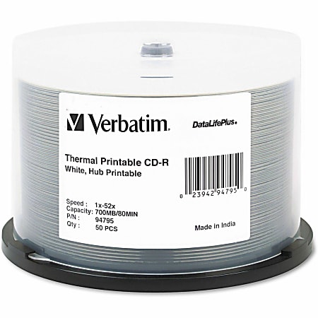 Verbatim DataLifePlus 700MB 52x Printable CD-R Discs, White, Pack Of 50 Discs, 94755