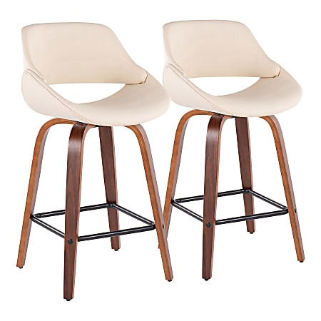 LumiSource Fabrico Counter Stools, Cream/Walnut/Square Black Footrest, Set Of 2 Stools