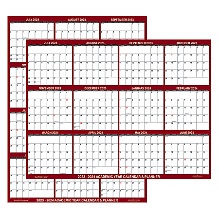 2023-2024 SwiftGlimpse Academic Monthly Erasable Wall Calendar, 18" x 24", Maroon, July To June