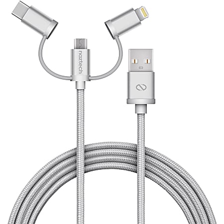 Naztech Braided 3-In-1 Hybrid Lightning And USB Cable, 6', Silver