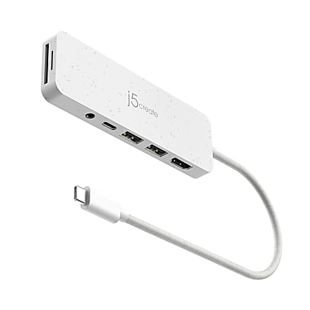 j5create Eco-Friendly USB-C Multi-Port Hub With Power Delivery, 6-3/4”, White, JCD373EW