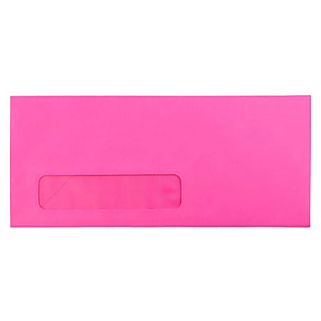 JAM Paper® #10 Single-Window Booklet Envelopes, Bottom Left Window, Gummed Seal, Brite Hue Ultra Fuschia Hot Pink, Pack Of 25