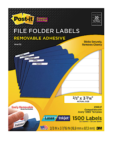 Post-it® Super Sticky Color Removable Inkjet/Laser File Folder Labels, 2/3" x 3 7/16", White, Pack Of 1,500
