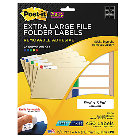 Post-it® Super Sticky Color Removable Inkjet/Laser File Folder Labels, 15/16" x 3 7/16", Assorted Colors, Pack Of 450