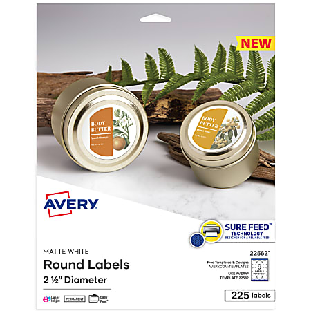 Avery® Printable Labels With Sure Feed®, 22562, Round, 2.5" Diameter, Matte White, 225 Customizable Labels