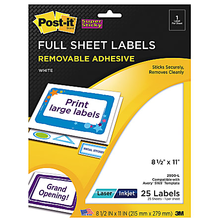 Post-it® Super Sticky White Inkjet/Laser Full-Sheet Labels, 8 1/2" x 11", Pack Of 25