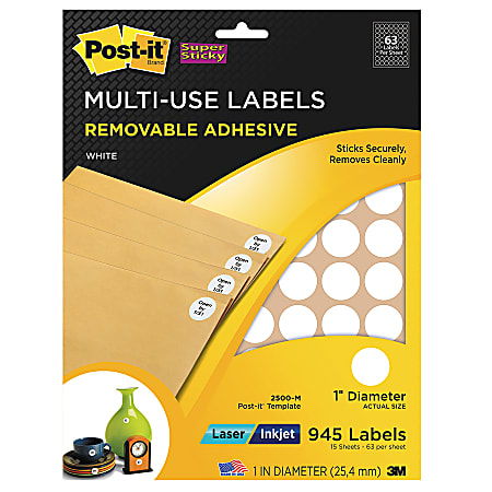 Post-it® Super Sticky Removable Inkjet/Laser Multi-Use Labels, 1" Diameter, White, Pack Of 945
