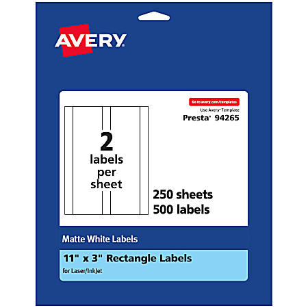 Avery® Permanent Labels, 94265-WMP250, Rectangle, 11" x 3", White, Pack Of 500