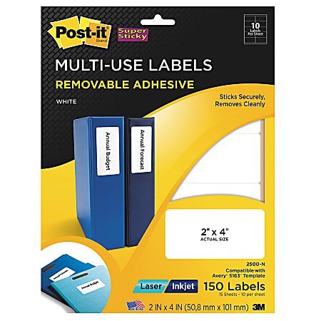 Post-it® Super Sticky Removable Inkjet/Laser Multi-Use Labels, 2" x 4", White, Pack Of 150