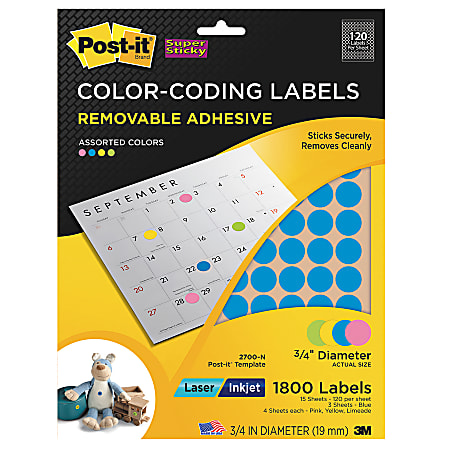 Post-it® Super Sticky Removable Color-Coding Labels, 3/4" Diameter, Assorted Colors, Pack Of 1,800