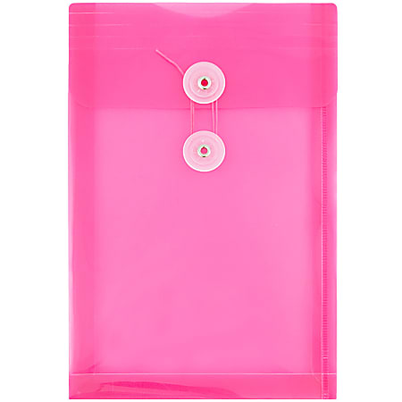 JAM Paper® Open-End Plastic Envelopes, 6 1/4" x 9 1/4", Button & String, Fuchsia Pink, Pack Of 12