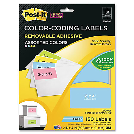 Post-it® Super Sticky Removable Color-Coding Labels, 2700-W, 2" x 4", Assorted Colors, Pack Of 150