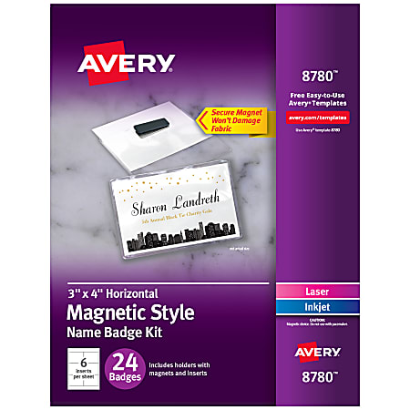 Avery® Customizable Name Badges With Magnets, Rectangle, 8780, 3" x 4", White, Pack Of 24