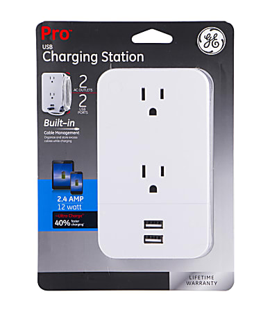 GE 2-Outlet 2-USB Wall Tap With Cable Management, 31705