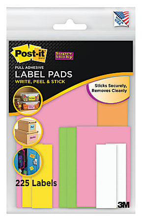 Post-it® Super Sticky Removable Label Pads, Square And Rectangle, Assorted Sizes/Assorted Colors, 25 Labels Per Pad, Pack Of 9 Pads