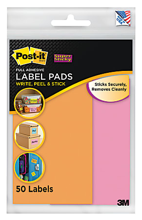 Post-it® Super Sticky Removable Label Pads, 2900-OP, Rectangle, 3" x 4 3/4", Assorted Colors, 25 Labels Per Pad, Pack Of 2 Pads