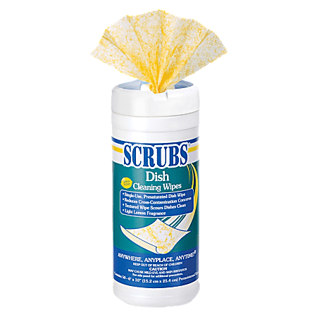 Scrubs Pre-Soaked Dishwashing Wipes, Lemon Scent, 6" x 10", 25% Recycled, Orange/White, Pack Of 50