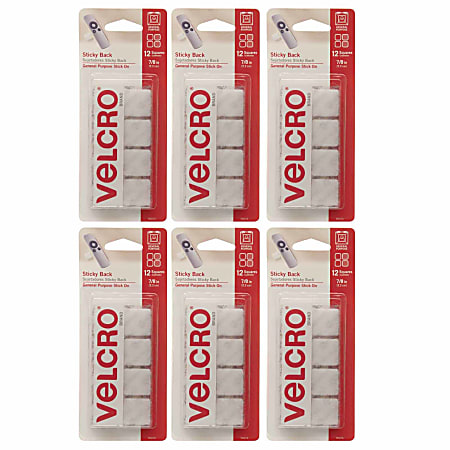 VELCRO® Brand STICKY BACK® Fasteners, Square, 0.88", White, 12 Fasteners Per Pack, Set Of 6 Packs