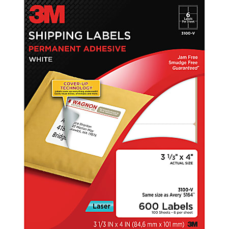 3M™ Shipping Labels For Laser Printers, 3100-V, Rectangle, 3 1/3" x 4", White, Pack Of 600