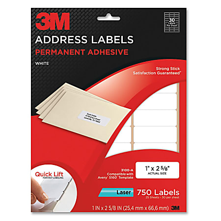 3M™ White Laser Address Labels, 3100-A, 1" x 2 5/8", Pack Of 750