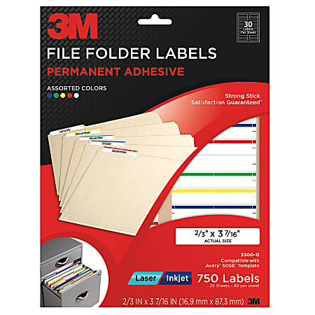 3M™ Permanent Inkjet/Laser Filing Labels, 2/3" x 3 7/16", Assorted Colors, Pack Of 750