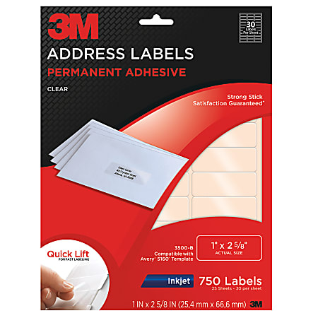 3M™ Clear Inkjet Address Labels, 1" x 2 5/8", Pack Of 750