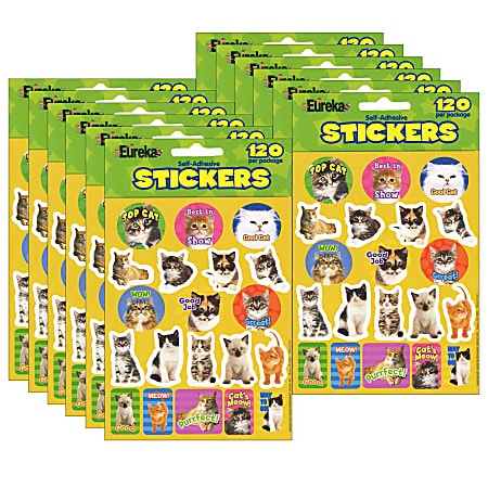 Eureka Theme Stickers, Motivational Cats, 120 Stickers Per Pack, Set Of 12 Packs
