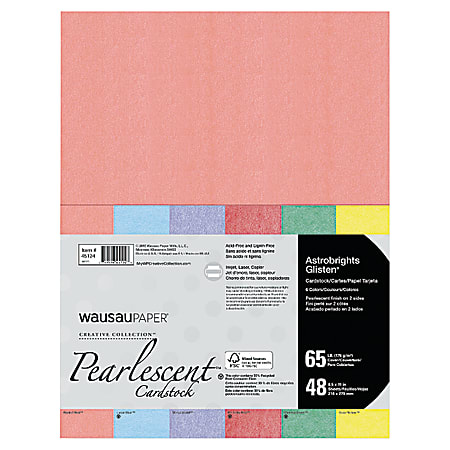 Wausau Astrobrights® Glisten FSC Certified Pearlescent Card Stock, Letter Size Paper, 65 Lb, Assorted Colors, Pack Of 48