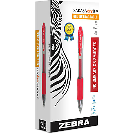 Zebra® Pen SARASA® X20 Retractable Gel Pens, Pack Of 12, Fine Point, 0.5 mm, Transparent Red Barrel, Red Ink